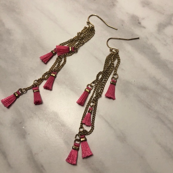 Dangling Gold Finish Earrings with Pink Tassels - Picture 4 of 4